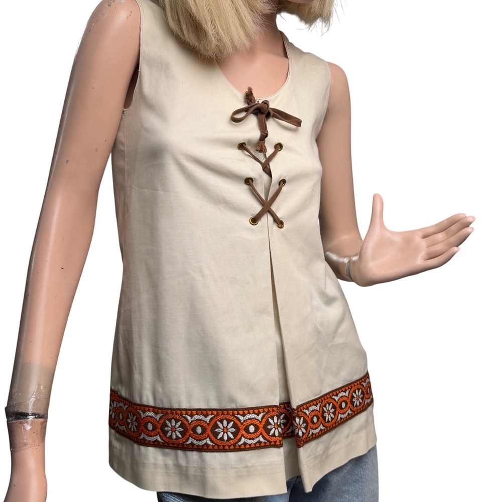 Sears Vintage Tunic Cream Lace Up Embroidered 70s Boho PrairieCore Hippie XS